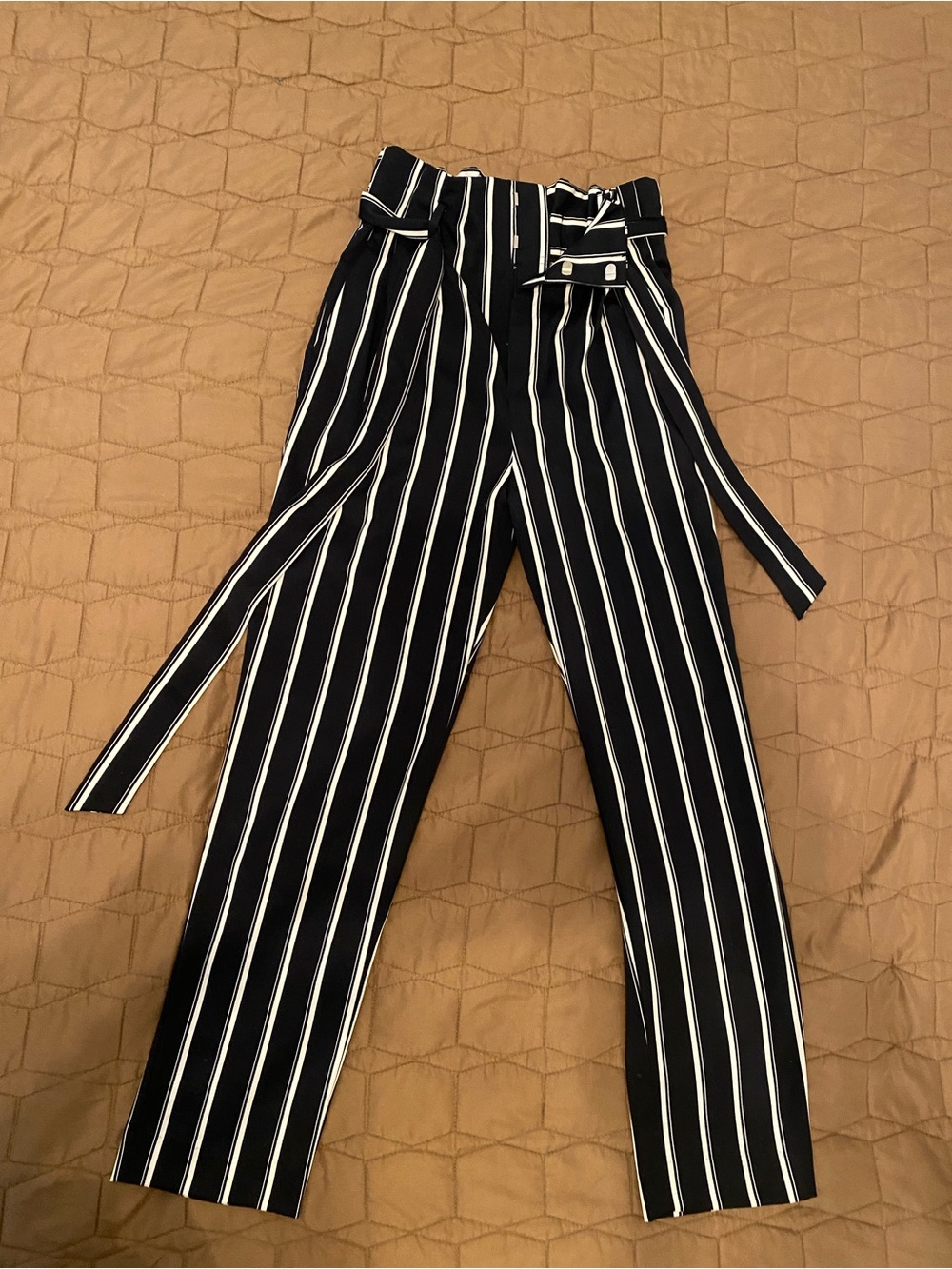 H&M Black and White Striped Trousers with Tie Waist